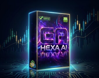 May include: A rectangular software box labeled EA HEXA AI with a dark purple and blue nebula background. The box features a green verified checkmark, a five-star award icon, and a small circular logo with the number five, set against a digital circuit board.