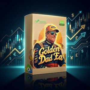 May include: A box with a cartoon image of a man in a racing suit and sunglasses, with the text "Golden Dad Ea." The box has a "Verified" checkmark and a five-star rating. The background includes financial symbols and charts.