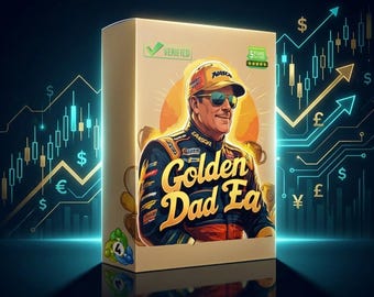 May include: A box featuring a cartoon illustration of a man in a racing suit and sunglasses, with the text "Golden Dad Ea". The box has a "Verified" checkmark and a five-star rating. The background includes financial symbols and charts.