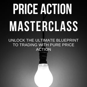 May include: A black and white image with the text "PRICE ACTION MASTERCLASS" at the top. Below, the text reads "UNLOCK THE ULTIMATE BLUEPRINT TO TRADING WITH PURE PRICE ACTION." A lit lightbulb hangs from the top of the image.