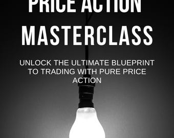 May include: A black and white image with the text "PRICE ACTION MASTERCLASS" at the top. Below, the text reads "UNLOCK THE ULTIMATE BLUEPRINT TO TRADING WITH PURE PRICE ACTION." A lit lightbulb hangs from the top of the image.