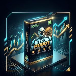 Peut inclure: Une boîte de produit rectangulaire étiquetée BITCOIN ROBOT présentant une figure robotique, un symbole Bitcoin doré et du texte incluant VERIFIED, AUTOMATED TRADING SYSTEM FOR SERIOUS TRADERS, BITCOIN FOCUS, MARKET ADAPTIVE, LOGIC DRIVEN SYSTEM et RISK MANAGED.