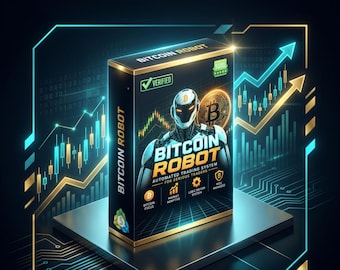 May include: A rectangular product box labeled BITCOIN ROBOT featuring a robotic figure, a gold Bitcoin symbol, and text including VERIFIED, AUTOMATED TRADING SYSTEM FOR SERIOUS TRADERS, BITCOIN FOCUS, MARKET ADAPTIVE, LOGIC DRIVEN SYSTEM, and RISK MANAGED.