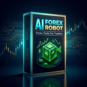May include: A digital illustration of a black box with the text "AI FOREX ROBOT" and "Forex Tools For Traders" in teal and gold. The box features a glowing green cube with financial charts and a dollar sign, set against a dark blue background with circuit board lines.