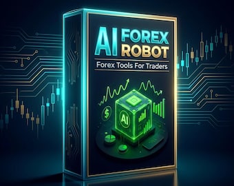 May include: A digital illustration of a black box with the text "AI FOREX ROBOT" and "Forex Tools For Traders" in teal and gold. The box features a glowing green cube with financial charts and a dollar sign, set against a dark blue background with circuit board lines.