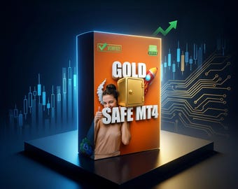 May include: An orange rectangular box labeled GOLD SAFE MT4 featuring a graphic of a gold safe, a rocket, and a person giving a thumbs up. The box includes a green verified checkmark icon and is set against a background of digital charts.