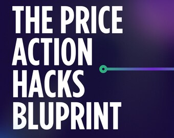 May include: White text on a dark blue to purple gradient background reads "THE PRICE ACTION HACKS BLUPRINT". A teal and purple line extends from the word "ACTION".