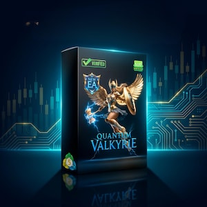May include: A black box with the title "QUANTUM VALKYRIE" and an illustration of a winged warrior holding a hammer. The box has a "VERIFIED" checkmark and a "NEW EA" logo. The background is dark blue with circuit board and stock chart graphics.