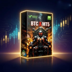 Peut inclure: Une boîte de produit rectangulaire affichant le texte BTC X MT5, une coche verte de vérification et une icône de notation 5 étoiles. L'image centrale représente un robot en armure noire et rouge assis sur un trône entouré de pièces d'or.