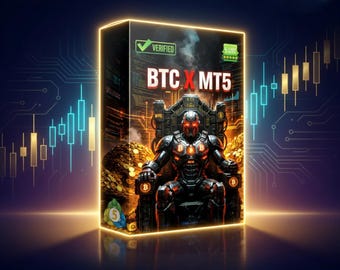 May include: A rectangular product box featuring the text BTC X MT5, a green verified checkmark, and a 5-star rating icon. The central graphic depicts a robotic figure in black and red armor sitting on a throne surrounded by gold coins.