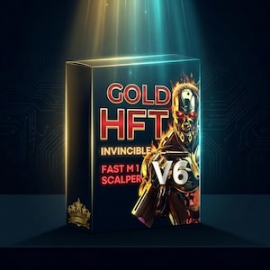 May include: A black box with the words "GOLD HFT" in red and gold lettering. The box features an illustration of a cyborg with red eyes and the text "INVINCIBLE FAST M1 SCALPER V6". A gold emblem with stars is on the bottom left.