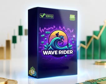 May include: A rectangular dark blue product box featuring a central circular graphic of a person riding a wave on a horse against a sunset. The text WAVE RIDER is printed in white below the graphic. A green VERIFIED badge and 5-star rating appear.
