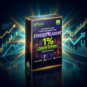May include: A black box with gold trim features the text "FUNDED ALADDIN" and "1% DRAW DOWN". The box also includes the words "VERIFIED" and "EXPERTS ADVISOR". The background has a digital design with charts and graphs.