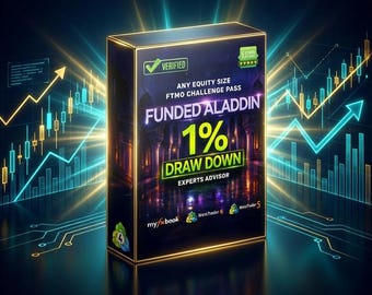 May include: A black box with gold trim features the text "FUNDED ALADDIN" and "1% DRAW DOWN". The box also includes the words "VERIFIED" and "EXPERTS ADVISOR". The background has a digital design with charts and graphs.