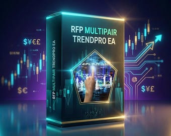 May include: A dark box with the text "RFP MULTIPAIR TRENDPRO EA" in white and gold. The box has a glowing border and a pentagon-shaped window showing a hand pointing at a financial chart. Currency symbols and a rising arrow are also visible.