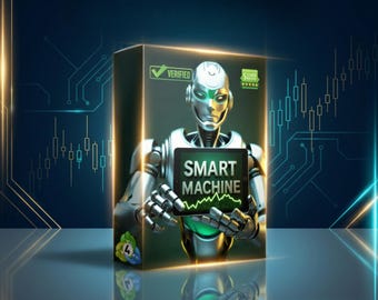 May include: A futuristic image features a silver robot holding a tablet displaying "SMART MACHINE" with a green waveform. The robot is positioned in front of a box with a "VERIFIED" checkmark. The background has a blue circuit board design.