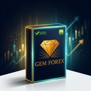 Puede incluir: Una caja azul oscuro con un gráfico de diamante dorado y el texto "GEM FOREX". La caja tiene un borde azul neón y dorado, con una marca de verificación "VERIFICADO" y una calificación de 5 estrellas.