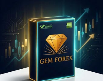 May include: A dark blue box with a gold diamond graphic and the words "GEM FOREX" in gold. The box has a neon blue and gold border, with a "VERIFIED" checkmark and a 5-star rating.