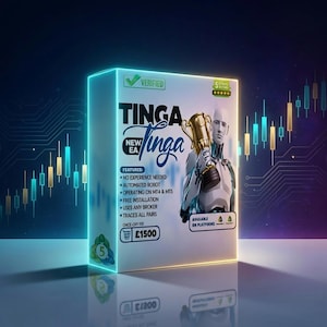 May include: A digital product box with the text "TINGA" and "New EA". The box features a robot holding a trophy and lists features like "Automated Robot" and "Free Installation". The background has a blue and gold color scheme with financial charts.