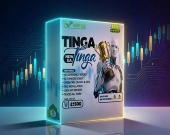 May include: A digital product box with the text "TINGA" and "New EA". The box features a robot holding a trophy and lists features like "Automated Robot" and "Free Installation". The background has a blue and gold color scheme with financial charts.