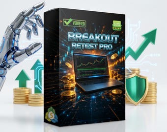 May include: A rectangular product box labeled BREAKOUT RETEST PRO featuring a laptop displaying financial charts, gold coins, a green shield, and upward-pointing arrows. A metallic robotic hand is positioned to the left of the box.