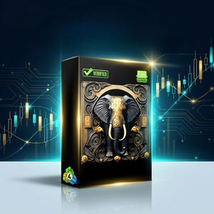 May include: A black box with a detailed gold and bronze elephant design on the front. The box has a "Verified" seal and a five-star rating. The background features a blue gradient with gold and blue lines.