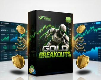 May include: A black rectangular product box featuring a futuristic robot graphic, the text "GOLD BREAKOUTS", a "VERIFIED" checkmark, and a five-star rating icon. The box is flanked by floating gold coins, gold shields, and digital circuit lines.
