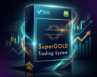 May include: A dark blue box with the text "SuperGOLD Trading System" in gold. The box has a gold border and a "Verified" checkmark. The background features stock market charts and glowing lines.