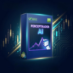 Peut inclure: Une boîte bleue avec le texte "PERCEPTRADER AI" et un graphique de ligne ascendante. Une main robotique pointe vers le graphique. La boîte est marquée "Vérifié" et a une note de cinq étoiles.