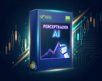 May include: A blue box with the text "PERCEPTRADER AI" and a graphic of a rising line chart. A robotic hand points to the chart. The box has a "Verified" checkmark and a five-star rating.