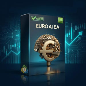 Peut inclure: Une boîte noire avec le texte "EURO AI EA" et un symbole Euro doré en forme de cerveau. La boîte porte une coche "VÉRIFIÉ" et une note de 5 étoiles. L'arrière-plan présente un motif de circuit imprimé et un graphique boursier ascendant.
