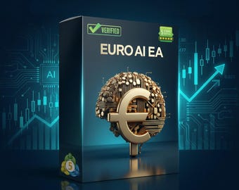 May include: A black box with the text "EURO AI EA" and a gold Euro symbol in the shape of a brain. The box has a "VERIFIED" checkmark and a 5-star rating. The background features a circuit board design and a rising stock chart.