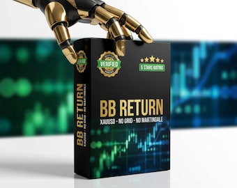 May include: A black rectangular box labeled BB RETURN XAUUSD - NO GRID - NO MARTINGALE with a gold and black robotic hand resting on top. The box features a green verified badge and a five-star rating graphic against a blurred financial chart.