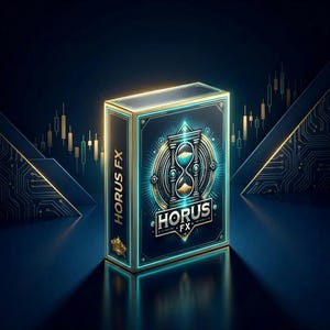 Może przedstawiać: Pudełko produktu z napisem "HORUS FX" w złotym i turkusowym wzorze. Pudełko zawiera symbol klepsydry i koronę. Tło jest ciemnoniebieskie ze złotymi akcentami i wzorem obwodu drukowanego.