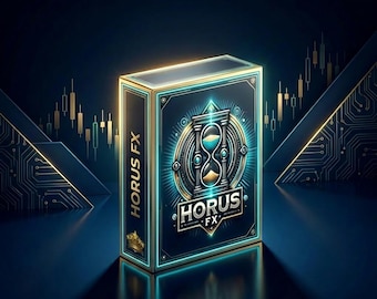 May include: A product box with the text "HORUS FX" in a stylized font. The box is dark blue with gold and teal accents, featuring an hourglass design. The background is a dark blue with gold and teal circuit board and stock market graphics.