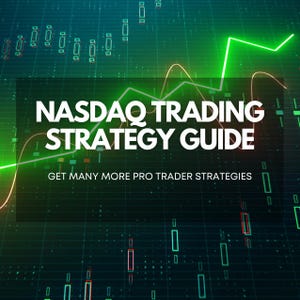 Könnte beinhalten: Eine digitale Grafik mit dem Text "NASDAQ TRADING STRATEGY GUIDE" in weißen Buchstaben auf dunklem Hintergrund. Der Hintergrund zeigt grüne und rote Linien und Formen, die Finanzdaten und Markttrends suggerieren. Der Text "GET MANY MORE PRO TRADER STRATEGIES" steht darunter.