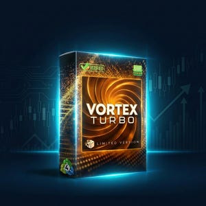 May include: A product box with the text "VORTEX TURBO" in white, set against a swirling orange and gold background. The box is labeled "LIMITED VERSION" and has a "VERIFIED" seal. The background is a gradient of blue.