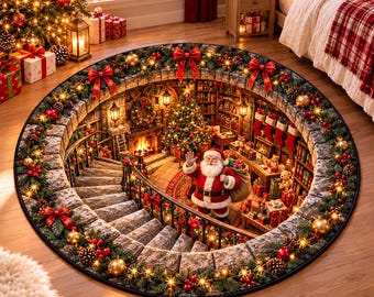 May include: A round area rug featuring a 3D optical illusion of a stone staircase leading down into a cosy room. The border is decorated with pine garlands, red bows, and gold ornaments. Santa Claus stands in the centre holding a sack of gifts.