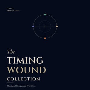 Könnte beinhalten: Ein dunkelblaues Buchcover mit dem Titel "The Timing Wound Collection" in goldener Schrift. Das Cover zeigt auch ein kreisförmiges Design mit farbigen Punkten und den Text "Grist Theology" oben. Der Text unten lautet "Ebook and Companion Workbook."