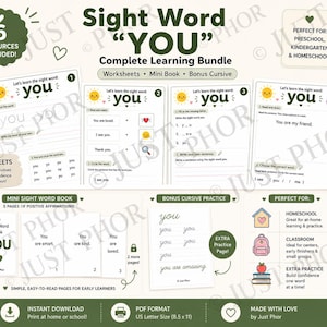 Hojas de trabajo para la palabra clave "You" / Paquete de lectura para jardín de infantes a primer grado (descarga digital) /