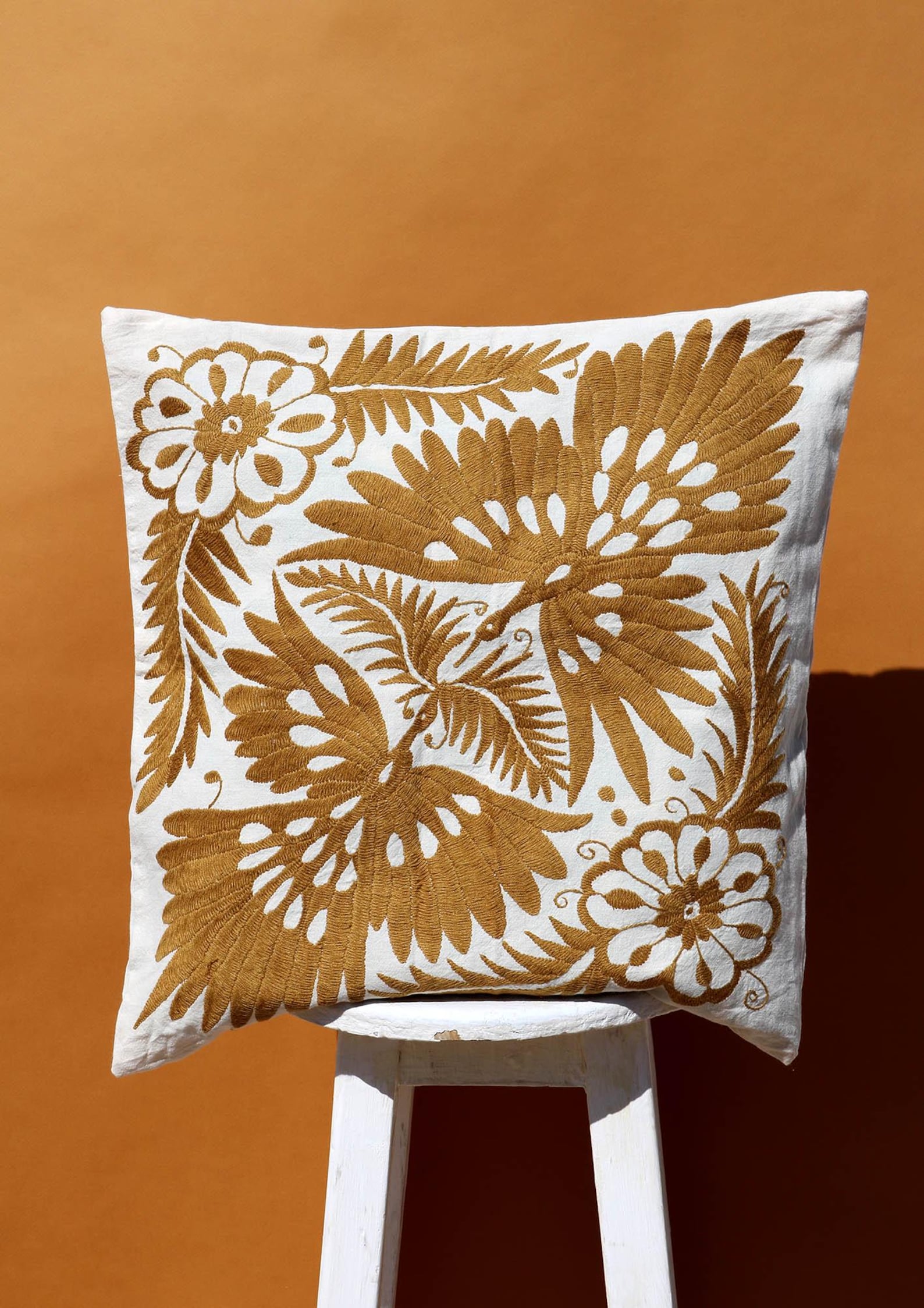 Hand Embroidered Mexican Otomi Pillow | Ochre Tenango | Handmade Boho Chic Cushion