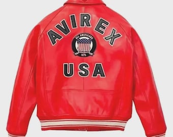 RED Avirex-Style New York USA Varsity Jacket — Premium Genuine Cowhide biker jacket Leather, Handcrafted Streetwear Letterman Bomber jacket
