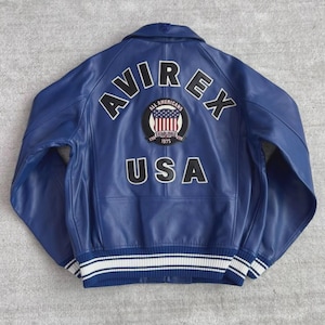 Avirex Men’s Blue Real Leather Bomber Jacket – American Flight Icon Style varsity Jacket