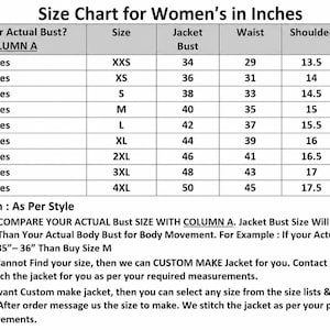 Pu&ograve; includere: Una tabella delle taglie per giacche in pollici, che mostra le misure di busto, vita, spalle e maniche. Taglie da XXS a 4XL, con circonferenze del busto da 73,66 cm a 116,84 cm. Include note sul movimento del corpo e taglie personalizzate.