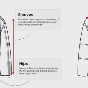 May include: Line drawing of a black leather jacket with measurement instructions. Text labels indicate how to measure bust, waist, sleeves, hips, shoulder, and length. Red lines show where to measure on the jacket.