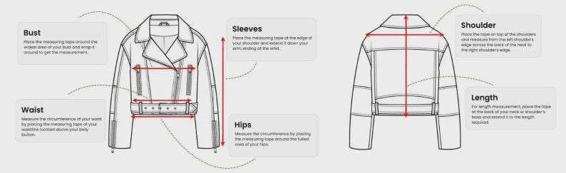 May include: Line drawing of a black leather jacket with measurement instructions. Text labels indicate how to measure bust, waist, sleeves, hips, shoulder, and length. Red lines show where to measure on the jacket.