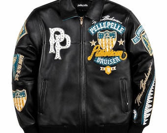 Men’s Black Bomber Jacket – Retro Eagle Studded Leather Jacket | Varsity Jacket Style Letterman Baseball Jacket Pelle pelle
