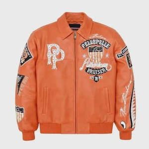 Orange Bomberjacke für Herren - Retro-Lederjacke mit Adlerniete | Varsity Jacke Style Letterman Baseball Jacke Pelle Pelle