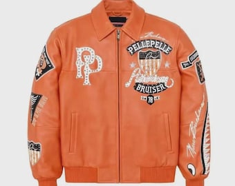 Jaqueta Bomber Laranja Masculina – Jaqueta de Couro Retrô com Tachas de Águia | Jaqueta Estilo Varsity Letterman Baseball em Couro