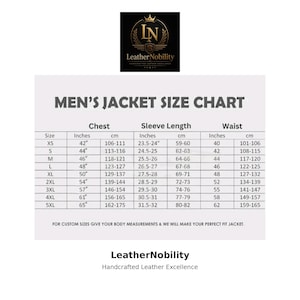 Pode incluir: Tabela branca com texto preto detalhando tamanhos de jaquetas masculinas. As medidas s&atilde;o fornecidas em polegadas e cm para peito, comprimento da manga e cintura. Tamanhos de XS a 5XL. O logotipo Leather Nobility est&aacute; no topo.